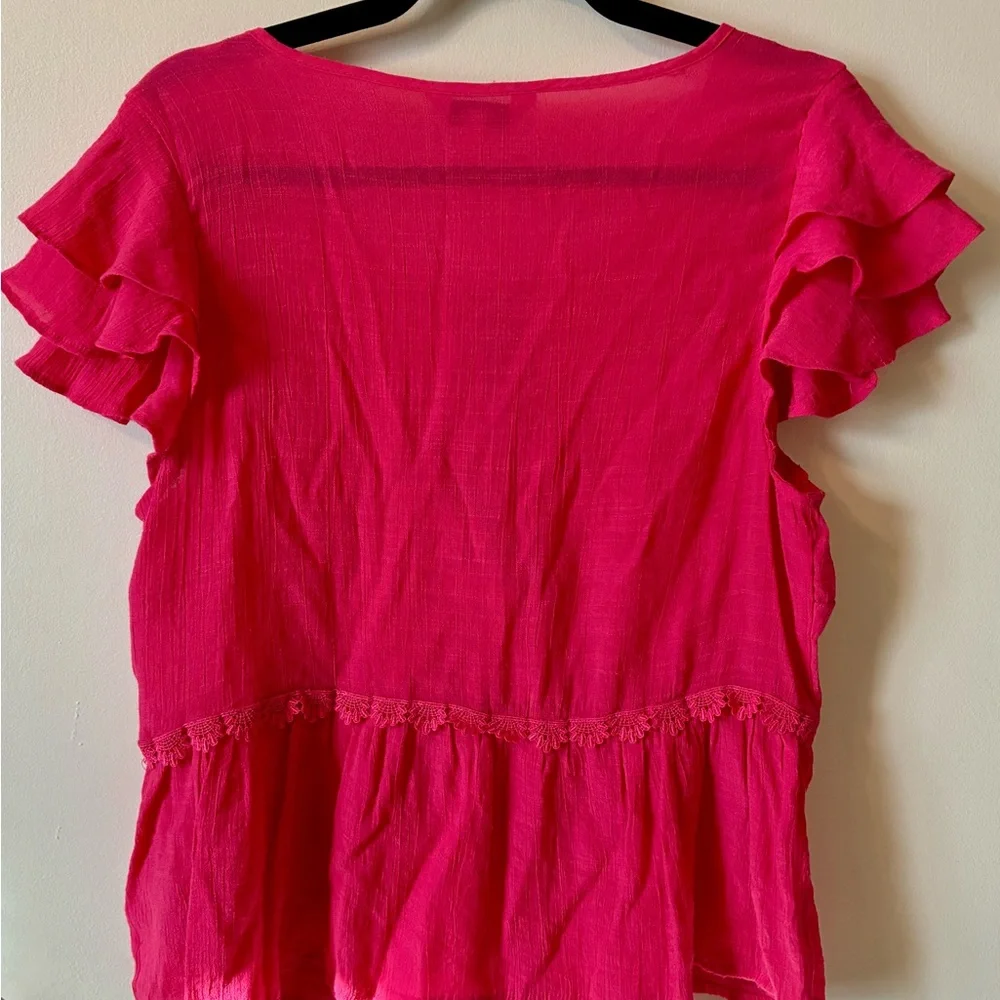 Nanette Lepore Hot Pink Ruffle Sleeve Tie Front Blouse Top Boho Coquette L - Picture 6 of 9